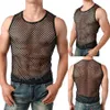 Hommes maille hauts sport pure coupe ajustée entraînement voir à travers T-shirt haut Sexy filet de poisson Muscle T-shirt gilet M-XXL229y