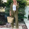 Pantaloni a due pezzi da donna Abito in lino tinta unita da donna Camicia ampia con scollo a V vintage con bottoni a vita alta Design tascabile Jeans lunghi casual