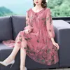 Casual Dresses 2023 Fashion Silk Embroidery Dress Women's Summer Versatile Round Neck 7/4 Sleeves Loose Fit Holiday Vesidos