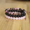 Charm Armbanden 8mm Natuursteen Armband Sets Mannen Vrouwen Rhodoniet Rozenkwarts Zwarte Onyx Kralen Stapelbaar Pols Mala2942