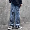Jeans para hombres Godlikeu Hombres Lavado Harajuku Anime Impresión Baggy Streetwear Algodón Moda Suelta Pierna Ancha Pants262W