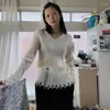 Maglioni da donna Karrram maglione giapponese Y2k effetto invecchiato scollo a V vintage pullover lavorato a maglia con buco rotto moda coreana top a coste scavati