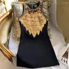 Robes décontractées luxe métallique paillettes perlées sans manches noir mini robe mince sexy marque design vintage fête 2023 été
