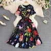 2023 Party Dresses Summer Runway O-Neck Short Sleeve Midi Dress Women Floral Print Office Lady Work One Piece Dress with Belt298W