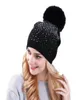 XTHREE WOMEN WINTER BEANIE HAT RABBIT RABBIT FUR WOOL KINITTED HAT MINK POM POM POM SHINING LINESTONE HATS for Women S1814910273