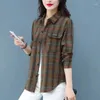 Vrouwen Blouses Mode Revers Knoopzakken Losse Geruite Shirts Kleding 2023 Herfst Winter Oversized Casual Tops Asymmetrische