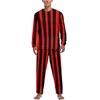 Pijamas masculinos listrados verticais pijamas diários 2 peças linhas pretas e vermelhas conjunto bonito homens mangas compridas quarto gráfico nightwear