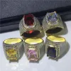 Cluster Rings Luxury Big Male Purple Yellow Geometric Ring Zircon Stone Engagement 18K Gold Large Wedding For Men176y