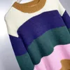 Kvinnors tröjor Rainbow Stripes Kontrast Färg Lazy Style Sweater Knitwear Round Neck Long Sleeve Soft Glutinous Alpaca Wool Sticked tröja Plein tröja