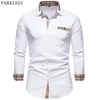 Camisas casuais masculinas Parklees outono xadrez retalhos camisas formais para homens magro manga longa branco botão acima camisa vestido busine233z