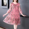 Casual Dresses 2023 Fashion Silk Embroidery Dress Women's Summer Versatile Round Neck 7/4 Sleeves Loose Fit Holiday Vesidos