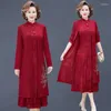 Casual Dresses Mother Of The Bride Red Long Sleeve Ruffles Knee-length Knitted 2-piece Set Dress Women Party Wedding Guest