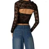 Women's T Shirts Two-Piece Black Lace Floral T-Shirt Sexy Strapless Tube Tops Long Sleeve Shrug Cardigans Crop Streetwear Outfit