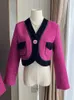 Damenjacken Frankreich Designer Frühling Herbst Tweed Kurzjacke Mantel Luxus Frauen V-Ausschnitt Rosa Diamanten Knopf Langarm Crop Tops Outwear