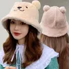 Berets Cute Bear Ear Plush Hat Winter Bucket Warm Fur Protection Knitted Bomber Cap Bonnets Korea Women Gorros Caps