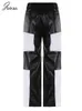 Pantalons pour femmes Joskaa Patchwork Moto Style Pu Pantalon en cuir Hipster V en forme de taille extensible droite 2023 Y2K Streetwear 231016