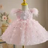 Wedding Party Flower Girl Dress Ball Gown Kids Pageant Feather Crystal Butterfly Appliques 3D Florals Little Baby Pink Big Bow Child Birthday Bride Vestidos De