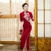 Vêtements ethniques Hiver Style chinois Cheongsam Blue Velvet Tempérament Longue Rétro Slim-Fit Piste