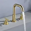 Robinets d'évier de salle de bains de luxe en or brossé, robinet à trois trous à deux poignées, robinet mitigeur de lavabo de qualité supérieure, eau froide