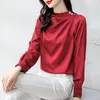 Luxury Satin White Women Bluses Designer Ruched Runway Silk Blus Autumn Winter O-Neck Solid Elegant Tops Plus Size 2023 Office Ladies Simple Fashion Formal Top