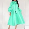 Casual Dresses Vintage For Women Bow Collar Full Sleeve High Waisted Pleated A Line Mid Calf Luxury Birthday Party Dinner Vestidos