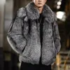 メンズレザーフェイク高品質の毛皮の毛皮のコートとジャケットメンズシルバーグレーのふわふわしたトップコートターンダウンカラー太い暖かい冬ジャケットマン231016