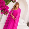 Elegant Long Chiffon Hot Pink Evening Dresses A-Line One Shoulder Pleated Floor Length Prom Formal Party Prom Dress With Cape for Women