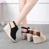 Kleidschuhe Keilsohle High Heel Fischmaul Sandalen Damen Stroh gewebtes Seil unten eine Linie Schnalle große Größe Wildleder