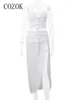 Work Dresses Cozok White Skirts Two Piece Sets Women Sexy Strapless Bandage Crop Tops And Runched Split Long Fashion Festival Outfits