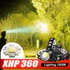 Fari XHP360 Faro LED ad alta potenza Zoom ricaricabile USB ad alta luminosità Lampada frontale impermeabile IPX4 Lanterna da campeggio per lavoro all'aperto