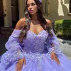 Lavendel, schulterfrei, Ballkleid, Perlenapplikationen, Kristallschleife, Quinceanera-Kleid, Prinzessin, Sweet 16, Vestidos De15