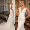 Elegant Long Crepe V-Neck Wedding Dresses With Buttons Mermaid Ivory Sweep Train Vestidos de Novia Abendkleider Bridal Gowns for Women