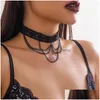 Pendant Necklaces Pendant Necklaces Lacteo Gothic Black Lace Rope Short Necklace Mtilayer Corss Chain Tassel Natural Stone Choker Wome Dhxkc