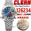 Temiz CF 126234 VR3235 Otomatik Unisex Saat Erkek Bayanlar İzle 36mm Yivli Mavi Kadranlı Elmas İşaretleri 904L Jubileesteel Bilezik Süper Edition Ebediitywatches