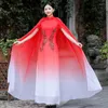 Этническая одежда, фиолетово-белое атласное китайское платье с градиентом, женское длинное Ципао с шалью, 2 шт., женские элегантные чонсамы, большие размеры для банкета