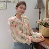 Blusas femininas Onalippa Romântico Floral Chiffon Mulheres Tops V Neck Multi Babados Camisas Soltas Coreano Flare Mangas Compridas Blusa Doce