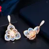 Dangle Earrings ThreeGraces Delicate Blue Cubic Zirconia Gold Color Flower Shape For Women Luxury Party Dress Jewelry E1134