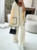 Jaqueta feminina elegante retalhos casaco de lã moda manga longa com bolso jaqueta 2023 outono casual escritório senhora high street outerwear 231016