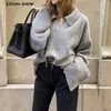 Women's Sweaters 2023 CHIC Gray Knitted Lapel Collar Pullover Sweater Women Big Flare Full Sleeve Loose Vintage Jumper Knitwear