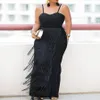 Plus Size Dresses Black Long Spaghetti Strap High Waist Tassel Evening Cocktail Party Gowns Fringe Outfits Drop Autumn3267