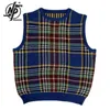 Men's Vests Vintage Knitwear V-neck Sleeveless Vest Men Japanese Harajuku Patchwork Plaid Streetwear Fashion College Sweater 2023