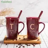 Mugs Creative Ceramic Porcelain Coffee Mug Letter Cup with Lid Spoon Teacup Drinkware Coffeeware Teaware 231013