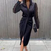 Casual Dresses Women Spring Elegant Party Lace Hollow Dress Solid Sexy Office Lady Slit Black Long Sleeve Off Shoulder AU275F