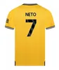 23 24 Wolverhampton WOLVES SOCCER maillots maison NUNES 27 NEVES 8 KILMAN 23 NETO 7 CUNHA 12 PODENCE 10 KALAJDZIC 18 2023 2024 maillot hommes enfants maillots de football homme