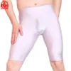 Sexy masculino óleo brilhante lycra calças médias sem costura sólida u convexo elegante bolsa meio comprimento boxers gay wear perna longa clube cuecas m189a