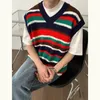 メンズベストストライプのセーターベストメンズウォームファッションレトロニットプルオーバー大韓国韓国のゆるいノースリーブメンズジャンパー服