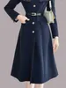 Vestidos casuais marinheiro colarinho mulheres vestido único breasted manga completa uma linha cintura alta cinto médio longo moda escritório senhora 15kb4365
