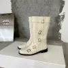 Outono europeu nova tendência moda botas casuais couro genuíno dedo do pé quadrado boca profunda salto grosso fivela de metal botas de cano médio para mulheres branco