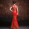 Ubranie etniczne Kobiety Czerwony ślub Cheongsam Fishtail Dress qipao złoty haft haftowy chiński styl długie sukienki wieczorowe kostiumy imprezowe