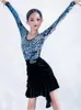 Sahne Giyim Kızlar Latin Dans Elbise Uzun Kollu Kıyafetler Mavi Leopar Üstleri Siyah Etek Cha Rumba Eğitim Takım Kids Bl11558